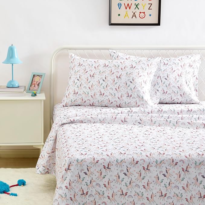 Amazon Basics Microfiber Kids' Sheet Set with Pillowcases, 4-Piece, Full, Unicorn and Rainbow