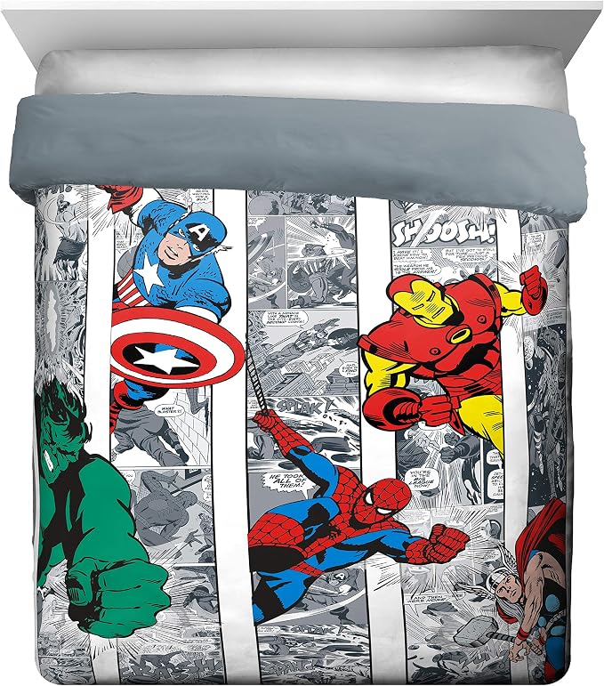 Marvel Comics Avengers Queen Comforter Set 7 Piece Soft Boys Bedding, Multi | Spiderman Hulk Captain America, Comforter Sheets Shams Pillowcases, Soft Microfiber, Machine Washable, Boys Gift