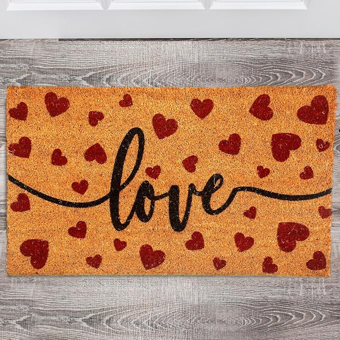 Ceenna Valentine's Day Doormat Outdoor Valentine's Coir Doormat with Non-Slip Backing Red Heart Love Valentines Day Outdoor Mat Front Porch Rugs for Home Entrance, 16 x 28 Inches