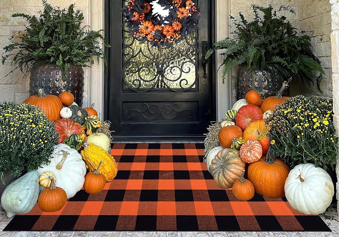 Orange and Black Outdoor Rug 3x5ft,Halloween Front Porch Mat Farmhouse Cotton Washable Layering Rug Checkered Area Rug for Porch,Entryway,Indoor,Outdoor,Halloween,Fall