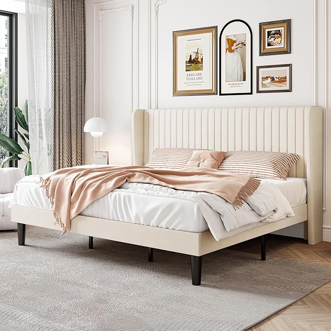 SHA CERLIN King Size Velvet Bed Frame, Tufted Wingback Headboard, Cream | 47'' Modern Vertical Channel Headboard, Upholstered Platform Bed, Wood Slats, No Box Spring Needed, Easy Assembly, Noise Free