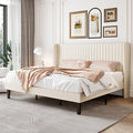 SHA CERLIN King Size Velvet Bed Frame, Tufted Wingback Headboard, Cream | 47'' Modern Vertical Channel Headboard, Upholstered Platform Bed, Wood Slats, No Box Spring Needed, Easy Assembly, Noise Free