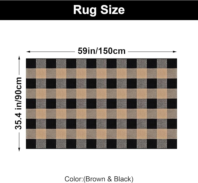 Buffalo Plaid Rug 2x3 Brown and Black Checkered Rug Grid Indoor Outdoor Doormat Porch Layering Carpet Cotton Woven Washable Area Mat for Patio Entryway Farmhouse Decor