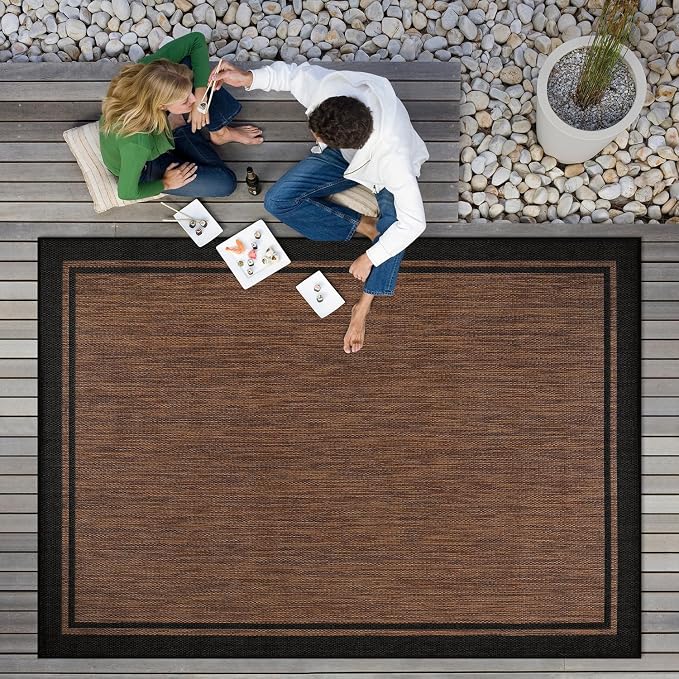 CAMILSON Indoor Outdoor Rug, 8x10 Bordered Nut Brown Black Modern Area Rugs for Indoor and Outdoor Patios, Kitchen and Hallway Mats, Washable Porch Deck Outside Carpet (Bordered Nut Brown, 8 x 10)