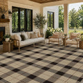 JTJ 8x10 Washable Outdoor Rug for Patio - Low Pile Easy Jute Plaid Area Rug for Porch, Deck, Backyard, Non-Slip Foldable Farmhouse Buffalo Check Carpet, Black & Beige