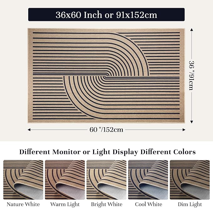 EDIMENS 3x5 Outdoor Rugs Easy Jute Porch Patio Rug Front Door Mat Entryway | Black Washable Non Slip Indoor Outdoor Rug Farmhouse Neutral Living Room Carpet for Backyard Porch Balcony