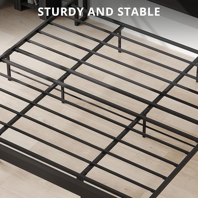 LIKIMIO King Size Bed Frame with 2-Tier Storage Shelf Headboard | Dark Wood Platform Bed, Camas King with Strong Metal Supports, Sturdy, Noise-Free, No Box Spring Needed, Classic Black