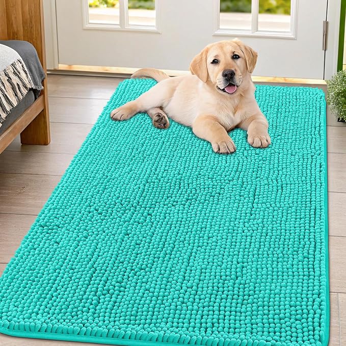 Smiry Dog Door Mat for Muddy Paws 54x32, Absorbent Dirt Trapper, Non-Slip Washable Chenille Entryway Rug for Inside Floor, Teal, Classic Solid