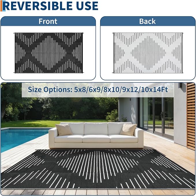 Garvee Waterproof Outdoor Area Rug 9x12 Plastic Reversible Rug for Patio Decor Easy-Cleaning Large Floor Mat for Camping RV Porch Deck Backyard Balcony Picnic Black White