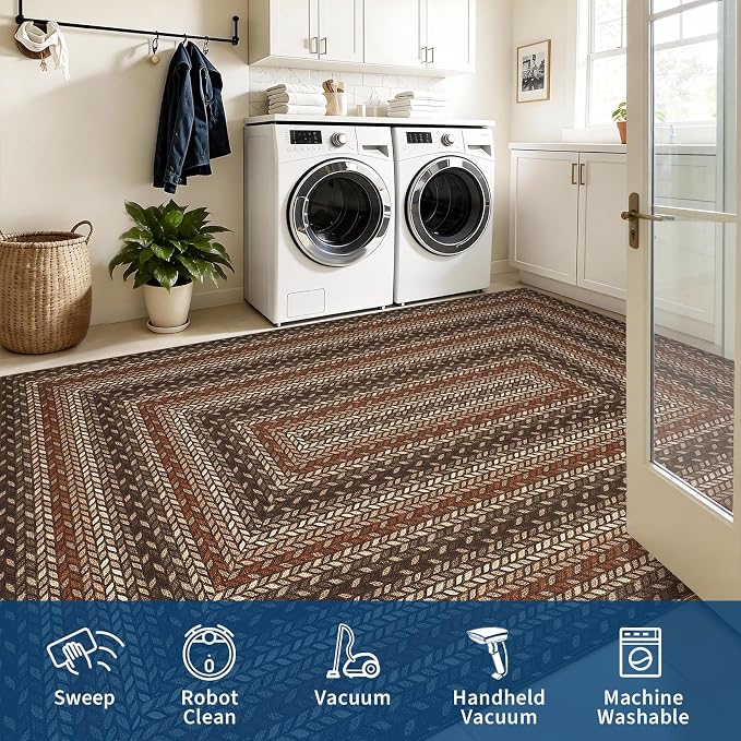 Garvee Indoor Outdoor Rug 8x10 Easy Jute Washable Rug Non Slip Braided-Print Neutral Rugs for Living Room Ultra-Thin Non-Shedding Farmhouse Rugs Foldable Carpet for Bedroom Kitchen Porch Orange/Brown