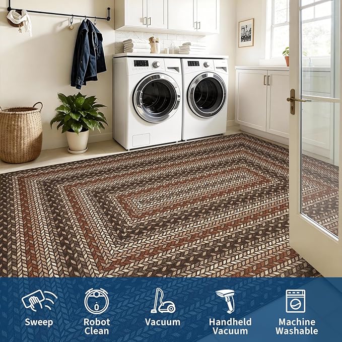 Garvee Easy Jute Outdoor Rug 5x7 Washable Non Slip Braided-Print Neutral Rugs for Living Room Indoor Outdoor Farmhouse Rugs Ultra-Thin Non-Shedding Foldable Mat for Bedroom Kitchen Porch Orange/Brown