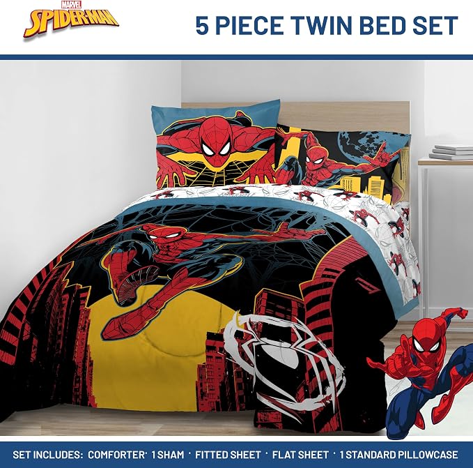 Jay Franco Kids Comforter Set Includes Sheets and Pillow Covers - Soft and Cozy Bed Set for Stylish Room Decor, Official Licensed Bedding, Black - Spiderman, 5 Piece Twin