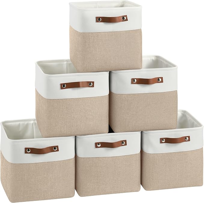 FinishingBo 11 inch Cube Storage Bin 6 Pack, Cube Organizer Bins | Fabric Storage Bins With Handles, 11x11 Storage Cubes, Shelf Basket, White/ Khaki