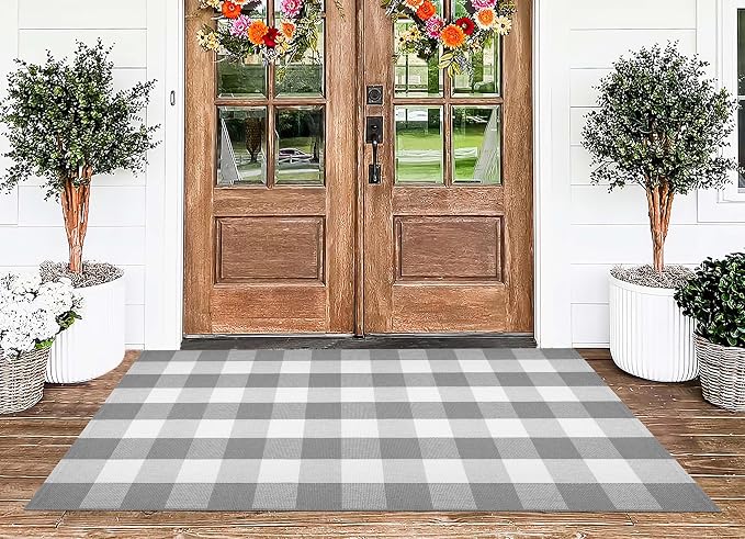 Grey and White Outdoor Rug 3'x5'Buffalo Plaid Checkered Front Porch Rug Machine Washable Farmhouse Front Door Mat Outdoor for Front Hello Welcome Mat,Bedroom,Entryway,Patio