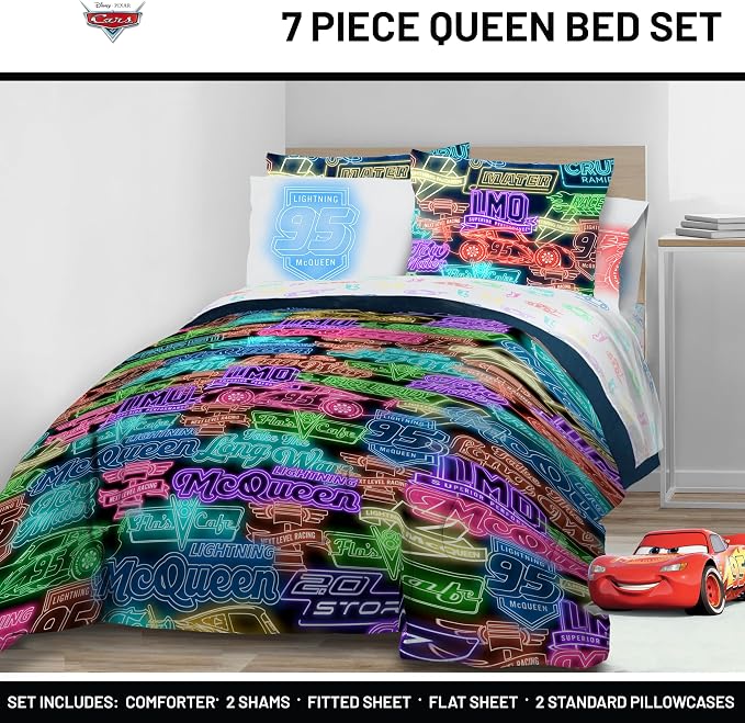 Disney Pixar Cars McQueen Queen Comforter Set 7 Piece Kids Bedding, Black | Neon Racecar, Bed in a Bag, Comforter Sheets Shams Pillowcases, Official Product, Microfiber, Machine Washable, Boys Gift