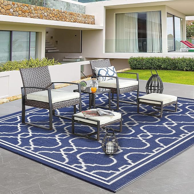 Garvee 8 x 10 Outdoor Rug Waterproof for Patio, Foldable Reversible Plastic Straw Area Rug, Large Mats for Camping, RV, Balcony, Deck, Picnic, Beach, Blue & White