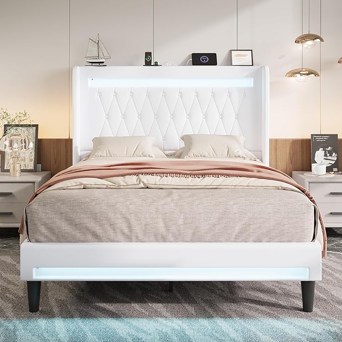 Allewie Queen Size Upholstered Bed Frame with LED & Charging Station, White | Customizable LED lights, charging station, tufted wingback headboard, noise-reducing support, and no box spring needed.