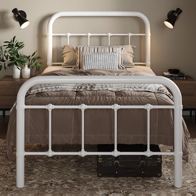 Allewie Twin Metal Bed Frame with Victorian Iron-Art Headboard, White | Victorian Style Wrought Iron-Art Headboard/Footboard, Easy Assembly, Under Bed Storage, No Box Spring Required