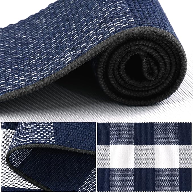 uxcell Buffalo Check Rug,Plaid Outdoor Rug,Layered Door Mat,Cotton Gingham Rugs,Floor Mat for Front Porch/Runner/Bedroom/Kitchen/Farmhouse 51"x24" Navy & White