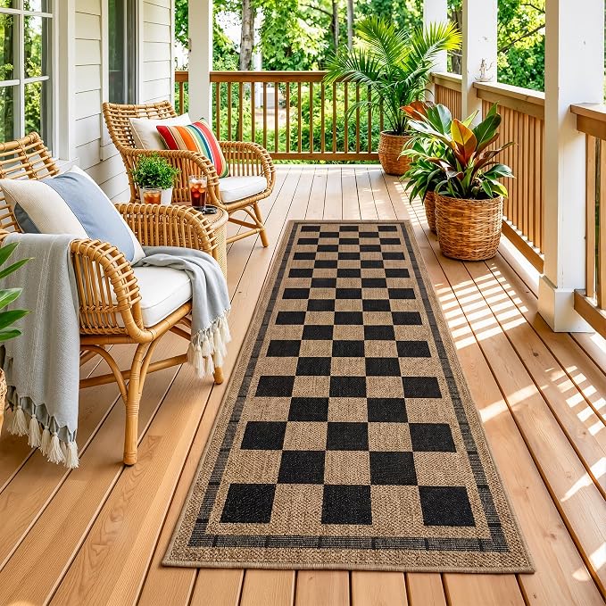Patio Porch Balcony Runner Carpet Indoor Bedroom Kitchen Laundry Mat, Non Slip Plaid Farmhouse Carpets, Black and Brown