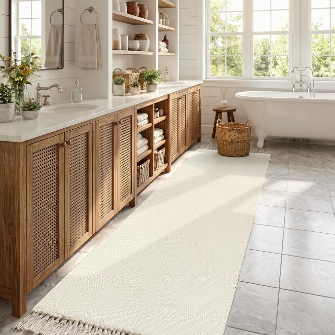 Collive Rug Runners for Hallways, Boho Washable Kitchen Runner Rugs 2.6' x 10' Farmhouse Indoor Entry Hall Carpet, White Modern Hand Woven Bathroom Runner Carpet for Bedroom Entrance Porch Decor