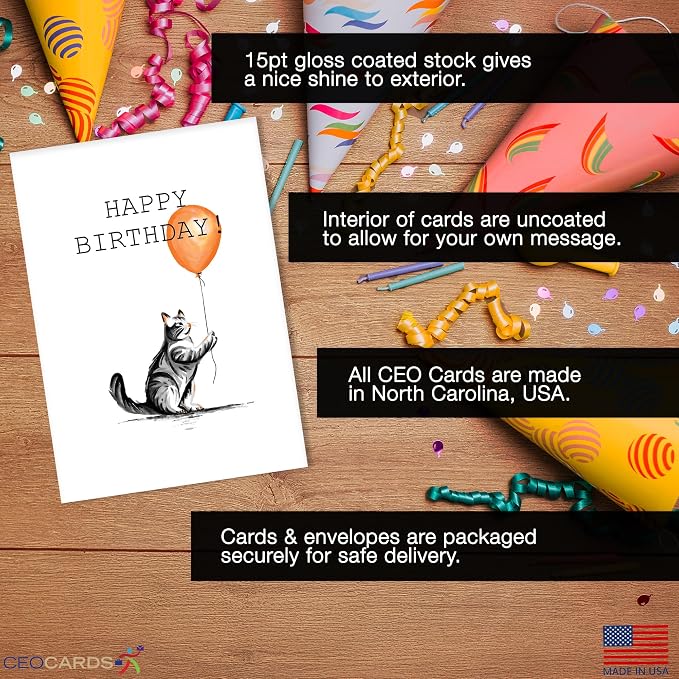 Happy Birthday Cards Bulk Greeting Card Set (Cat Lover) 18 Pack & White Envelopes - 5x7 Inch Birthday Theme for Family, Women, Men, Coworkers & Office (B2402)