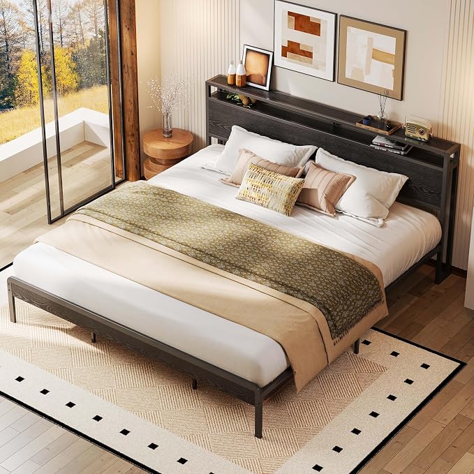 LIKIMIO California King Bed Frames with 2-Tier Storage Shelf Headboard | Dark Wood Platform Bed, Camas California King with Strong Metal Supports, Sturdy, Noise-Free, No Box Spring Needed, Black