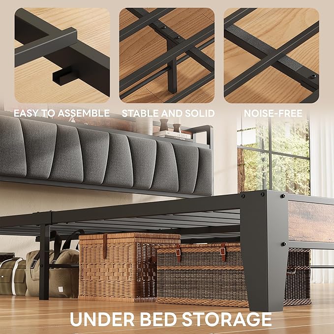 LIKIMIO King Size Bed Frame, Storage Headboard with Charging Station, Solid and Stable, Noise Free, No Box Spring Needed, Easy Assembly
