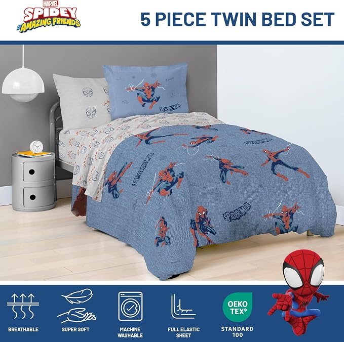 Marvel Spiderman Twin Comforter Set 5 Piece Bedding for Boys, Blue | Bed in a Bag, Comforter Sheets Sham Pillowcase, Official Product, Soft Microfiber, Machine Washable, Easy Care, Boys Gift