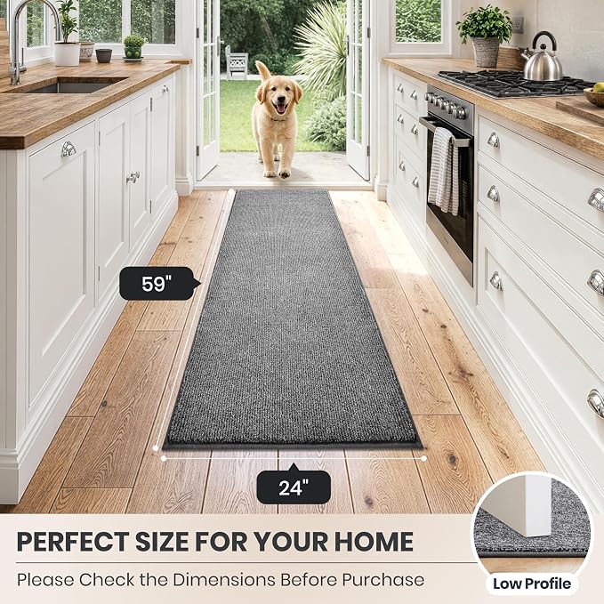 PURRUGS Dirt Trapping Door Mat 24" x 59", Non-Slip Machine Washable Entry Rug, Entrance Mat, Indoor Front Door Mat, Super Absorbent Entryway Rug for Muddy Shoes & Paws, Heathered Grey
