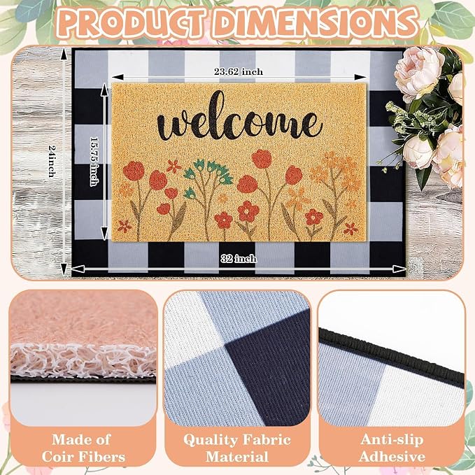 2 Pcs Spring Welcome Doormat Outdoor Entrance, Flower Non Slip Coir Mats, Black and White Check Doormat, Floral Spring Layering Door Mat for Home Indoor Porch Entry Decor 23.6 x 31.5 Inch