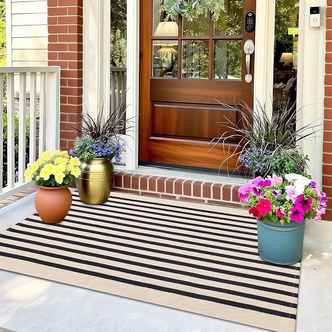OLANLY Beige and Black Striped Rug 2' x 4'3" (24" x 51") – Washable Cotton Doormat for Indoor Outdoor Use, Layered Front Porch Rug for Entryway, Kitchen, Patio