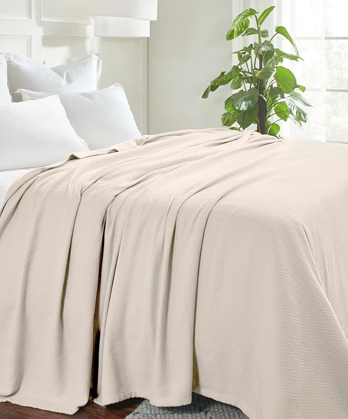 Superior Metro All-Season Cotton Blanket, Woven Blanket for Couch, Bed, Bedding, Farmhouse, Home Essentials, Cute and Cozy Bohemian Blankets, Herringbone Weave, Twin Size, Ivory