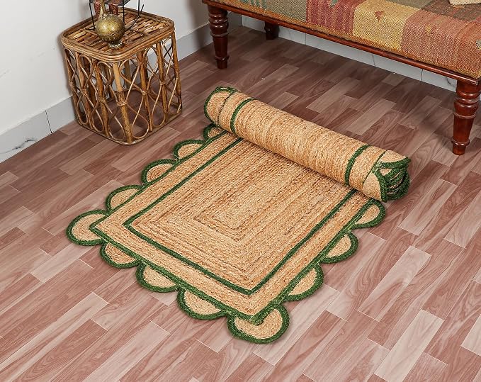 Scalloped Natural Jute Area Rug for Bedroom Living Room, Kitchen, Patio, Hallway, Entryway, Indoor, Outdoor, Farmhouse, Modern Carpet, Door Mat Green, 2x3 ft.
