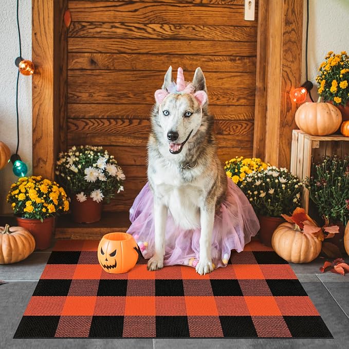 Buffalo Plaid Rug 2x3 Orange and White Outdoor Rug Checkered Cotton Woven Washable Front Porch Fall Layered Door Mats Carpet for Indoor Outdoor Entryway Farmhouse Decor
