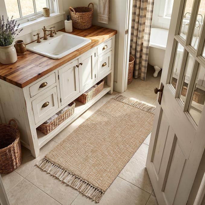 Collive 2' x 4.3' Indoor Outdoor Rug, Modern Farmhouse Kitchen Runner Rugs Hand-Woven Bathroom Mat, Tan Boho Washable Front Door Mats Reversible Entry Carpet for Laundry Bedroom Porch Decor