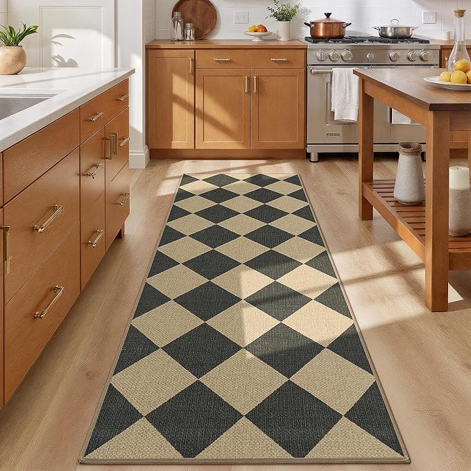 Lessymo Kitchen Runner Rug 2x6, Checkered Jute Rugs Washable Non Slip | for Entryway Hallway, Farmhouse Diamond Bedside Rugs Indoor Outdoor Carpets for Patio Porch, Stain Resistant, Black/Beige
