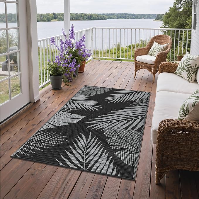 GENIMO Outdoor Rug 3'x5' Waterproof for Porch, Plastic Door Mat Black Grey | Outside Leaf Carpet for Patio Decor, Balcony, Deck, Backyard, Picnic, Camping, RV, Reversible, Foldable, Lightweight