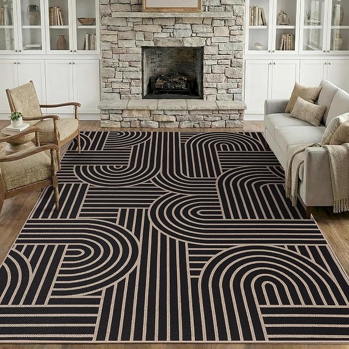COZYLOOM 9x12 Striped Easy Jute Outdoor Rug, Large Washable Living Room Area Rugs with Non Slip Backing, Stain Resistant Foldable Abstract Geometric Carpet for Bedroom, Dining Room, Patio, Black