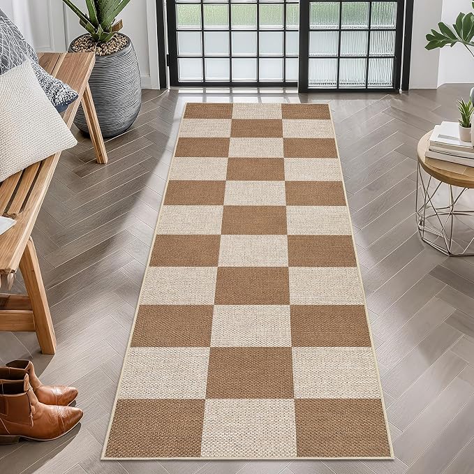 COZYLOOM 2x6 Rug Runners for Hallway Non Slip Washable, Checkered Jute Rug for Kitchen Non Shedding Stain Resistant Modern Geometric Carpet for Laundry Room, Bedroom, Coffee