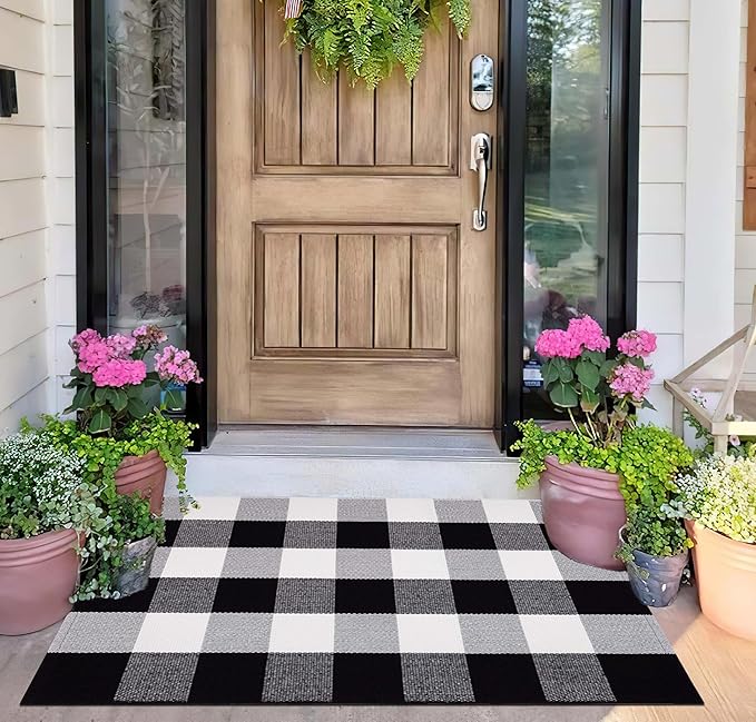Black and White Layered Doormat 24''x35''Buffalo Plaid Checkered Rug Cotton Machine Washable Mat for Front Porch, Kitchen, Farmhouse, Entryway,Bathroom