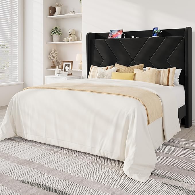 Allewie Full Size Platform Bed Frame with Charging Station and Storage Shelf/Upholstered Velvet Wingback Headboard/Wooden Slats Support/No Box Spring Needed/Easy Assembly, Black