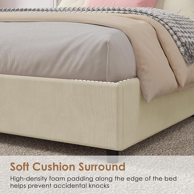 VECELO King Size Upholstered Bed Frame with 4 Storage Drawers, Adjustable Velvet Rivet Decor Headboard, Wooden Slats Platform Support, No Box Spring Needed, Easy Assembly,Beige