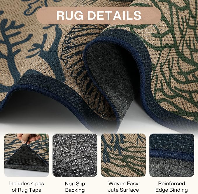 Tribesigns 3x5 Blue Green Coastal Easy Jute Outdoor Rug for Front Door | Washable, Non-Slip, Low-Pile Ocean Animal Design for Entryway, Porch, Patio and Beach House Decor, Includes 4 Rug Grippers