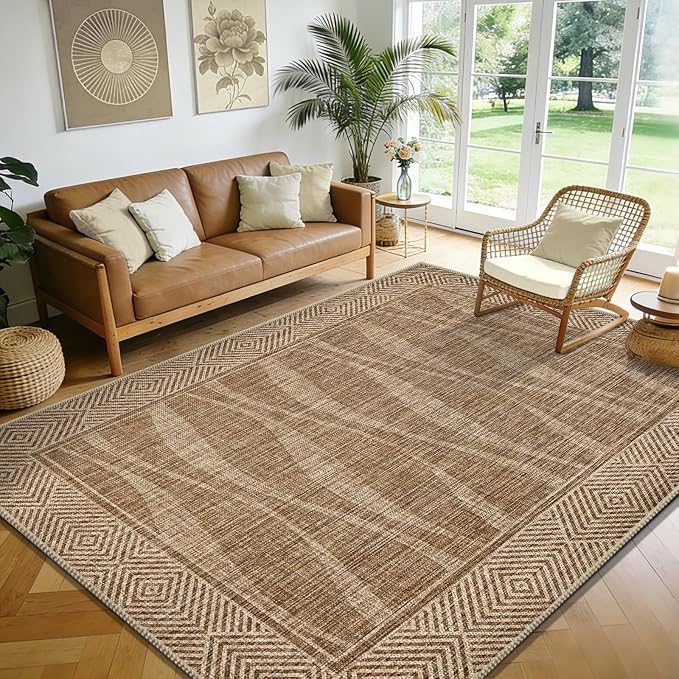 Jute Rug 5x7 Outdoor Patio Rug with Border, Washable Rugs for Living Room, Farmhouse Non Slip Area Rugs with Rubber Backing Indoor Outdoor, Non Shedding Carpet for Bedroom, Courtyard, Light Brown