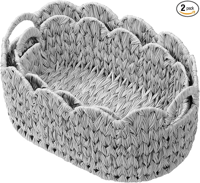 Coeusy Wicker Scalloped Basket Set of 2,Woven Storage Baskets for Shelves,Closet,Laundry,Gift,Towels,Books,Toys,Waterproof Cute Decor Basket for Organizing,Grey