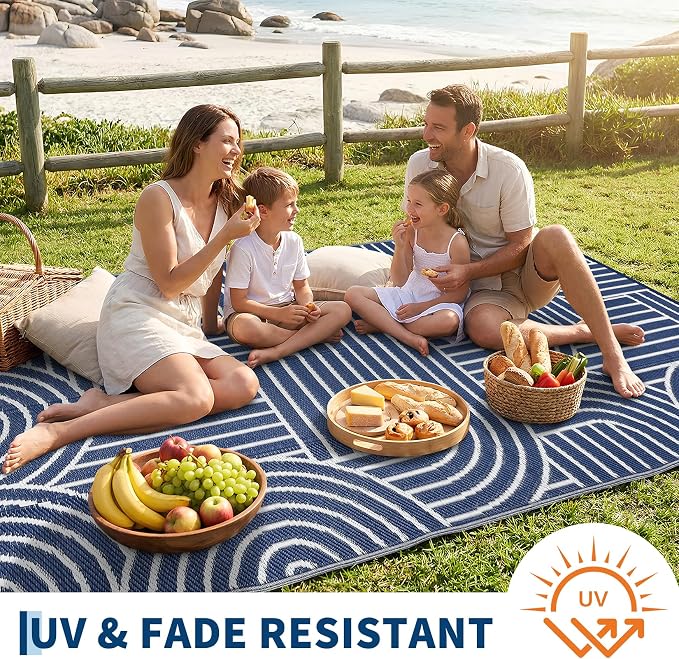 Garvee Reversible Rainbow Outdoor Rug 6x9, Waterproof Outdoor Plastic Straw Rug, RV Mat for Picnics, Patio, Camping, Balcony, Deck, Backyard, Porch, Blue