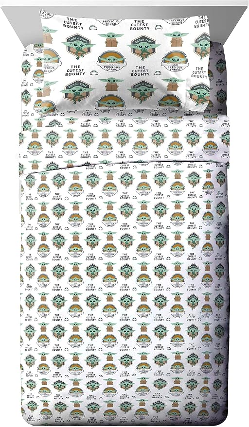Star Wars Mandalorian Grogu Twin Comforter Set 4 Piece Kids Bedding, Gray | Baby Yoda, Comforter Sheets Pillowcase, Official Product, Soft Microfiber, Machine Washable, Easy Care, Kids Gift