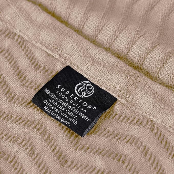Superior JENA Cotton Blanket, for Picnic, Beach, Traveling or Camping, Bedroom Decor, Essentials, Cover for Bed, Couch, Lounging, Textured Jacquard, Modern Chevron Woven Blanket, Twin, Khaki