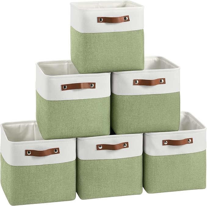 FinishingBo 11x11 Cube Storage Bins 6 Pack, Fabric Basket with Handles | Foldable Storage Cubes, PU Leather Handles,Closet Storage, White Green